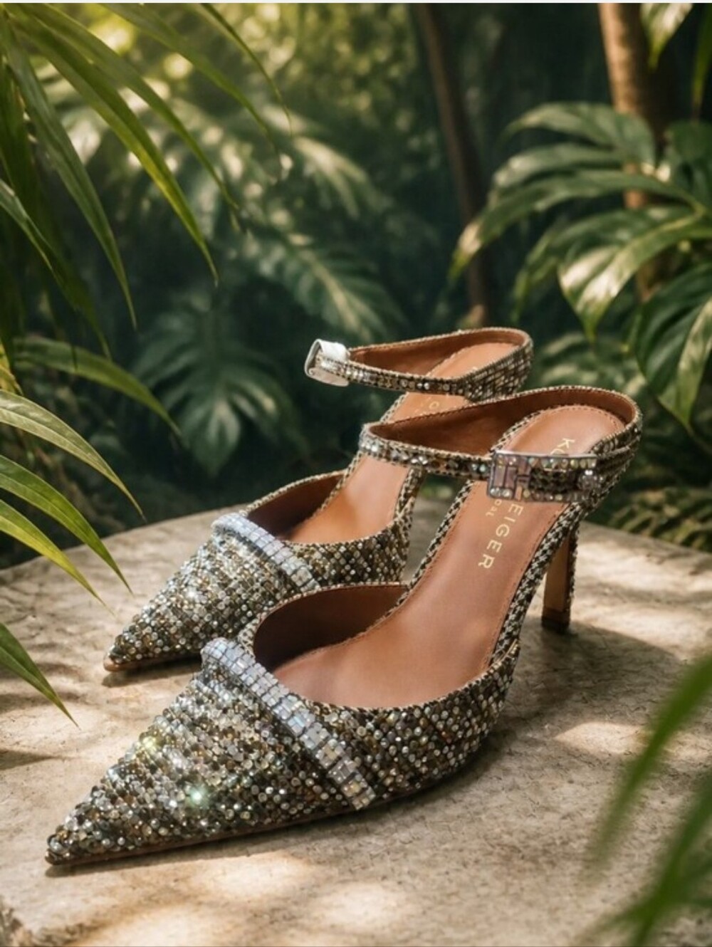 Kurt Geiger Silver Crystal-Embellished Pointed Toe Ankle-Strap Heels